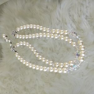 Vintage synthetic pearl double strand choker necklace crystal beads